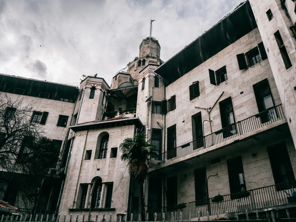 Exterior view of a historic hospital building with a classic facade in Istanbul, Turkey.